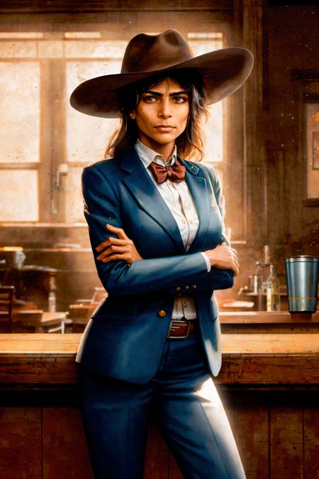 (60 year oldwomanl:1.2), brazilian girl,  masterpiece, best quality, fedora, serious face, 1920's speak-easy, bar, pub, (fancy suit:1.1), subsurface scattering, beautiful lighting, bandolier, explorer, satchel, sneer, detailed face and eyes, detailed skin, (freckles:0.8), extremely smug, (art by frederic remington and bob byerley:1.1), (workshop:1.1), intricate detail, hyper detailed, ultra realistic, sharp focus, octane render, volumetric, ray tracing, artstation trending, cgsociety, sense of awe, mystical, 4k, High Saturation Clarity Contrast, deep levels, sharp, retouched, color graded, soft lighting