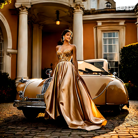 photo  of a young woman in a flowing, elegant gown, stepping out of a luxurious vintage car in front of a stately mansion, with a regal and confident expression on her face. The setting sun casts a warm glow on the scene, adding to the sense of grandeur and elegance