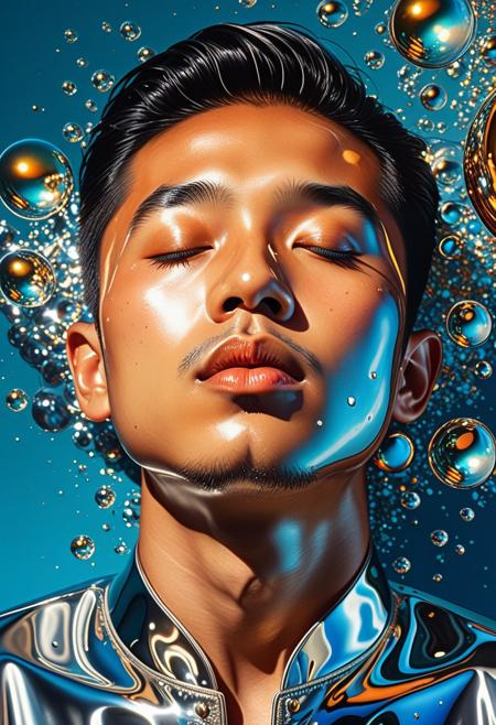 Smooth Quality, ArsMJStyle, Colored pencil hyperdetailed realism, close-up portrait of an asian man, medium complexion, with a serene, contemplative expression. His eyes are closed, and his, 
lips are slightly parted in a tranquil pose. The manas face and upper torso are depicted in a stylized, abstract manner, 
resembling a liquid metallic surface. Vibrant colors, including gold, orange, and various shades of blue, create a, 
dynamic interplay. Numerous reflective bubbles of various sizes and shapes encapsulate and adorn his features, reflecting, 
lights and colors that amplify the visual impact. The background is a deep teal blue, creating a stark contrast with, 
the vibrant colors of the subject. All textures focus on smooth, reflective surfaces and shimmering metallic effects., 
Camera angle is a close-up, focusing on the face with visible details. The style is modern, abstract, and ethereal, 
suggesting a liquid or metallic dreamlike quality. A sense of calm and tranquility permeates the image., 
Visual style references surrealism, abstract art, and liquid metal digital art, with a focus on a reflective and, 
polished aesthetic, <lora:clear:1>, <lora:FF.101.juggernautXL_version6Rundiffusion.LORA:1>, <lora:Hyperdetailed_Colored_Pencil:1>, <lora:SDXLDetailer:1>