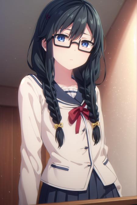 sumirekosanshokuin, <lora:sumireko sanshokuin s1-lora-nochekaiser:1>,
sumireko sanshokuin, long hair, black hair, blue eyes,
BREAK hair ornament, braid, glasses, twin braids, black-framed eyewear, skirt, hair ornament, school uniform, serafuku, black skirt, long skirt,
BREAK indoors, classroom,
BREAK looking at viewer, (cowboy shot:1.5),
BREAK <lyco:GoodHands-beta2:1>, (masterpiece:1.2), best quality, high resolution, unity 8k wallpaper, (illustration:0.8), (beautiful detailed eyes:1.6), extremely detailed face, perfect lighting, extremely detailed CG, (perfect hands, perfect anatomy),