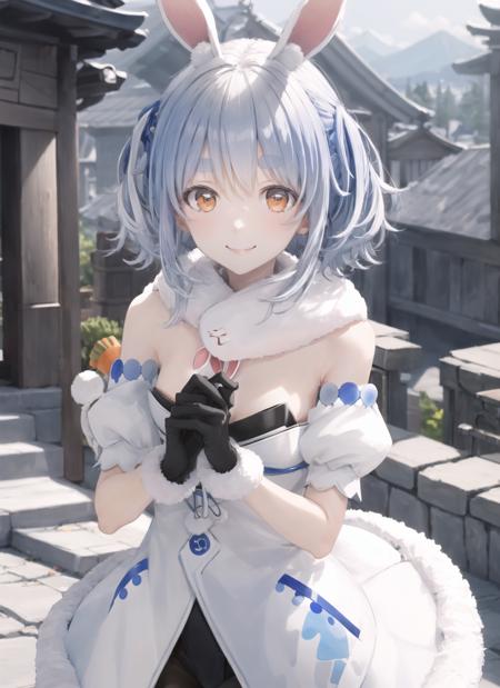 <lora:ojayTkym1ep4_0.85dim8:1>, <lora:pekora1-000009:1>, pekora1, upper body, smile, blush, outdoors, day, simple background, blue sky, short hair, sky, temple, looking at viewer, stairs, mountain, moody lighting, facing viewer,