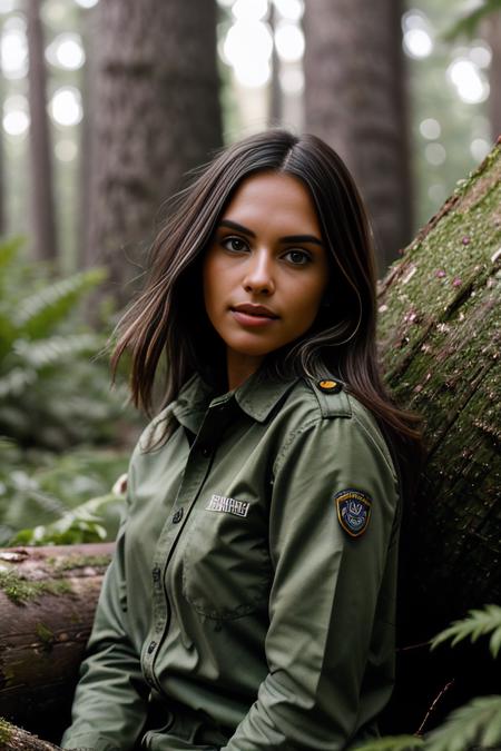 a professional photograph of beautiful (C4ryn41:1.1) woman,as a forest ranger,wearing a (fern green) ranger uniform,(holding a raccoon:1.3),(sitting on a fallen tree log:1.2),along a hiking trail,in a pine forest,(deer walking behind:1.1),(light streaking through the trees:1.2),babbling brook cascading by,long hair,nature magazine photoshoot,sharp focus,detailed eyes,(highly detailed),(HDR),(8k wallpaper),intricately detailed,high contrast,highres,absurdres,hyper realistic,8K UHD DSLR,Fujifilm XT3,taken with (Canon EOS 1Ds camera),extremely intricate,dramatic,(looking at viewer),4k textures,elegant,hyperdetailed,PA7_Portrait-MCU,<lora:C4ryn41_06B-000002:0.9>,