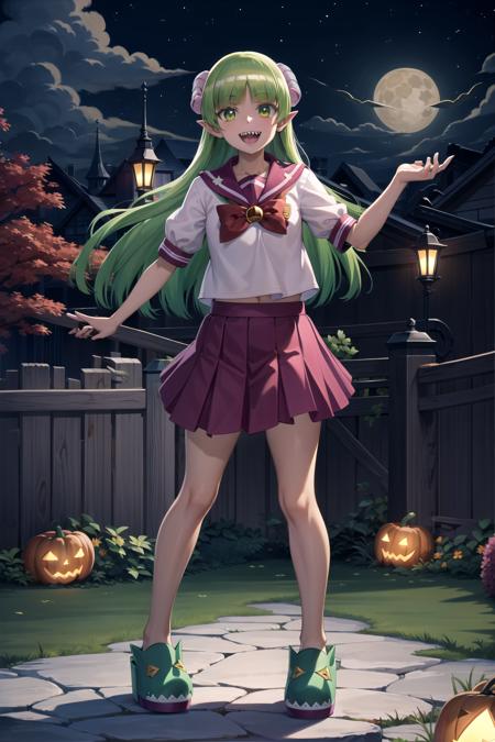 valac clara green hair, long hair, green eyes, horns, pointy ears school uniform, serafuku, pink skirt, green footwear, slippers