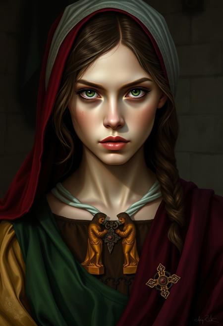 A highly detailed digital portrait of a young woman embodying the intensity of a heretical Christian figure. She has an intense, defiant gaze, conveying both conviction and inner strength. Her clothing reflects medieval or Renaissance Christian symbols but with subtle deviations to suggest her outsider status—symbols of rebellion or forbidden knowledge subtly integrated. The color palette is a bold triad of deep garnet, rich green, and soft yellow, creating a striking contrast against darker, shadowed surroundings. Her expression is both serene and intense, capturing a quiet defiance and a deep spirituality that challenges orthodox beliefs.