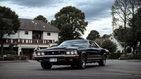 scenery,sky,cloud,road,tree,street,car,muscle car,(retro style),(high contrast:1.5),(no humans),(outdoors),(realistic),Highly detailed,(ultra-detailed),(8k,best quality,huge filesize,masterpiece:1.5),