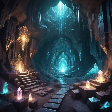 Mine Excavation, Precious Metals, Shimmering Blocks, Glowing Crystals, Magical Atmosphere, Fantasy Landscape, Underground Cavern, Enchanted Light, Rich Textures, Dwarven Architecture, Glittering Veins, Mystical Creatures, Adventure Setting, Treasure Discovery, Ethereal Glow