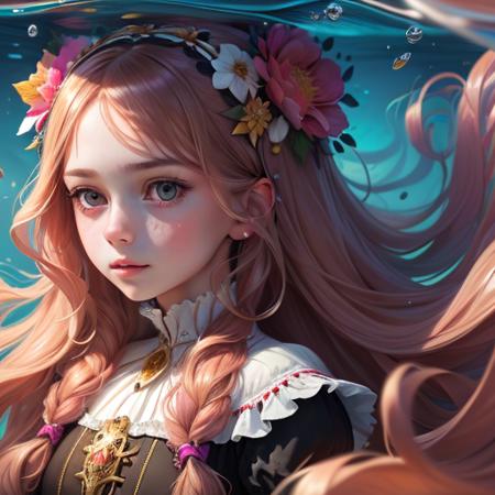 (absurdres, highres, ultra detailed), 1girl, solo, (long hair), Baroque, dress, long sleeve, elegant, holy, colorful, highest detailed, portrait, close up, underwater, floating hair, flower