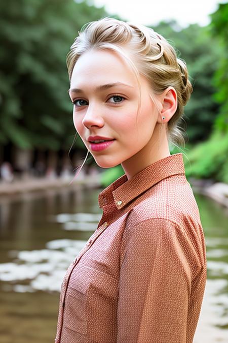 a photo of AM001_Liv_A_v2,
25 years old woman weared (long-sleeve shirt:1.2)
walking along the riverbank in the city, 
soft light, golden hour, cheerful mood, shoulder shot, close up, 
4k textures, natural skin texture, skin pores, adobe lightroom, photolab, intricate, highly detailed, sharp focus, professional photo, insane details, intricate details, hyperdetailed, hyperrealistic