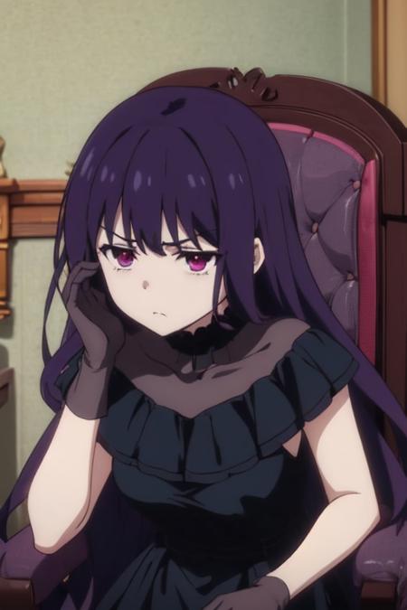 tensei oujo to tensai reijou no mahou kakumei anime lineart, 1girl, solo tilty claret, purple eyes, dark purple hair, black choker, black dress, long dress, black gloves, black bowtie, siting on livingroom chair, serious face