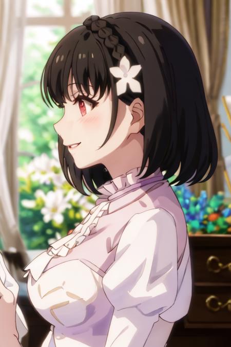 best quality, masterpiece, highres, solo, {lainie_cyan_tenseioujototensaireijounomahoukakumei:1.15}, black_hair, short_hair, hair_ornament, bangs, flower, hair_flower, braid, crown_braid, blurry, red_eyes, 1girl, blush, from_side, portrait, profile, white_flower, blurry_background, close-up, hand_up, parted_lips, smile