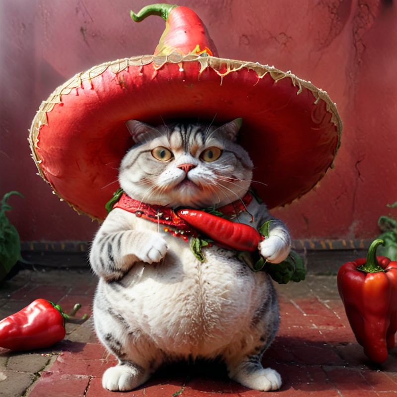 A cat wearing a sombrero and holding a pepper in front of a red wall.