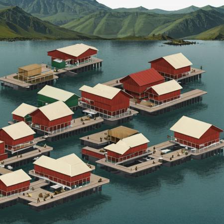 <lora:collageT:0.8>ggbond collage, floating red houses, wooden building, waterborne architecture, glass, boater, white roofs, green mountains