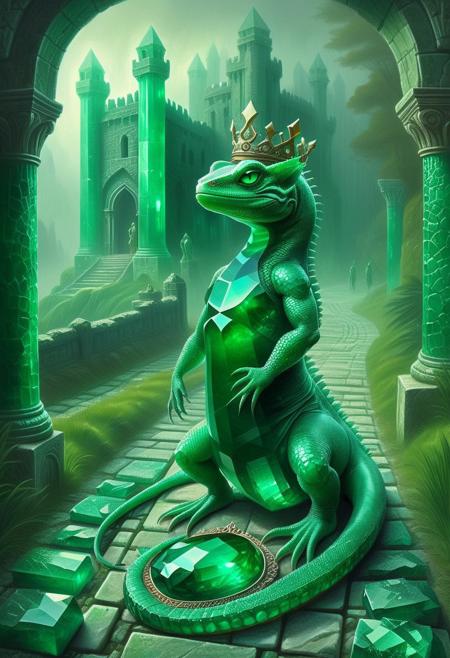 emeraldmorph ,made from emerald stone,(emerald stone:1.4)  Emerald green lizard with a female head with crown (detailed description of clothing: 1.3), facing the viewer, deep green tones, spectacular lighting, mysterious atmosphere, (detailed textures: 1.2), fantasy style, oil painting, stone path, foggy background, vertical composition, digital painting with high detail, medieval fantasy, (detailed description: 1.1), ancient ruins in the background.