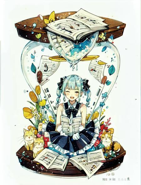 shalou, hourglass,1girl,  in container,  1girl, acoustic guitar, bangs, bass clef, baton \(instrument\), beamed eighth notes, beamed sixteenth notes, black bow, book, bow, bow \(instrument\), brown eyes, dress, eighth note, electric guitar, frills, gloves, guitar, hair bow, hair ribbon, holding instrument, instrument, keyboard \(instrument\), long hair, looking at viewer, music, musical note, one eye closed, open book, open mouth, piano, playing instrument, quarter note, ribbon, sheet music, silver hair, singing, sitting, sixteenth note, smile, solo, staff \(music\), traditional media, treble clef, twin drills, twintails, violin, skirt, simple background, white background, blue hair, yellow eyes, sleeveless, bowtie, animal, drill hair, cat, bottle, black bowtie, in container, white cat<lora:shalou:1>