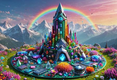 A breathtaking, hyperrealistic digital pcb a surreal, dreamlike landscape, rendered in a whimsical rainbow dream palette. a secluded mountain peak, with alpine flowers, peaceful atmosphere, distant views, tranquil setting. (flowers of colorful crystal soul gems:1.5).  at sunrise. Cyborg tower, ufo, pcb_style