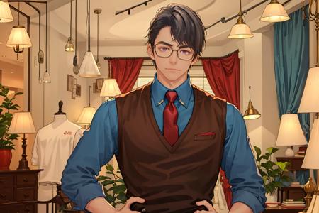 <lora:Marius_von_Hagen:1>,lujinghe,1boy,shirt,necktie,male focus,vest,glasses,solo,indoors,red necktie,blue shirt,looking at viewer,closed mouth,collared shirt,holding,paper,plant,long sleeves,brown vest,polo shirt,lamp,, masterpiece,best quality