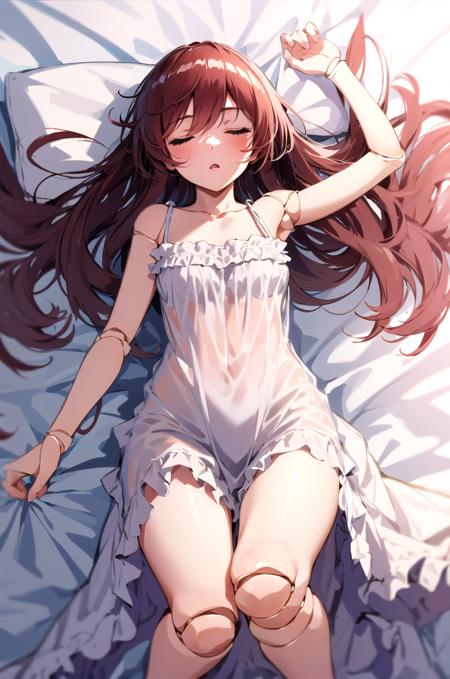 (masterpiece,best quality, detailed), bed, bed sheet, 1girl, solo, full body, lying, on back,
suiseiseki, nightgown, sleeping, closed eyes, doll joints