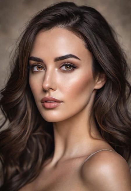 A stunning portrait in full size of a beautiful brunete woman. She is spanish, influencer. The subject is styled in a timeless fashion, with soft waves in her hair and a subtle, sophisticated makeup look that enhances her natural beauty. The medium is photo hyper-realism, with a focus on highly detailed and high-resolution 16k imagery. Erotic photo 18+