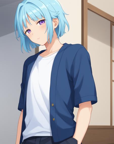 shino_hajime_pony, light blue hair, purple eyes, medium hair,