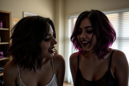 2girls, 35 year old milfs, colored hair, layered hair,  lip gloss, black camisole, white camisole, makeup, eyeliner,rimlight, college dorm, party, silhouette, laughing,