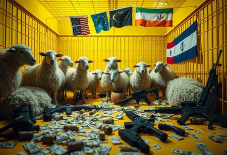 Inside a large, bright yellow cage, a mix of anthropomorphic sheep and humans interact, blending both species’ features in a surreal tableau. The scene is illuminated with cinematic lighting, casting dramatic shadows that enhance the tension. Scattered across the floor are euros and dollars, lying chaotically alongside hand grenades and M16 rifles, creating a symbolic atmosphere. Above the cage, European Union, USA, Ukrainian, Israeli, and Iranian flags wave gently. The image is captured as if through Panavision Himax lenses, adding a rich depth of field that emphasizes the contrast between the lively figures and the ominous presence of weapons and money