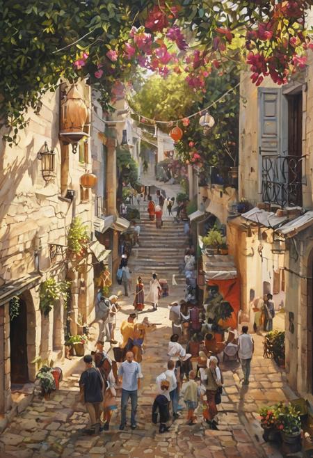 Create a mesmerizing digital painting that captures the vibrant spirit of a bustling market in a sun-drenched Mediterranean village. The scene is alive with colorful stalls overflowing with fresh produce, fragrant herbs, and handcrafted goods, each vendor showcasing their unique wares. Cobblestone streets wind through the village, lined with charming stone buildings adorned with blooming bougainvillea and hanging lanterns. In the foreground, a group of locals engages in lively conversation, their laughter mingling with the sounds of distant music. A playful cat weaves through the crowd, adding a touch of whimsy to the atmosphere. The warm golden light of the afternoon sun bathes the scene, casting soft shadows and enhancing the rich colors of the market. This illustration should evoke a sense of community and joy, inviting viewers to immerse themselves in the vibrant culture and charm of the Mediterranean lifestyle. Aim for a piece that could enchant audiences on platforms like Instagram and be celebrated for its lively and inviting beauty