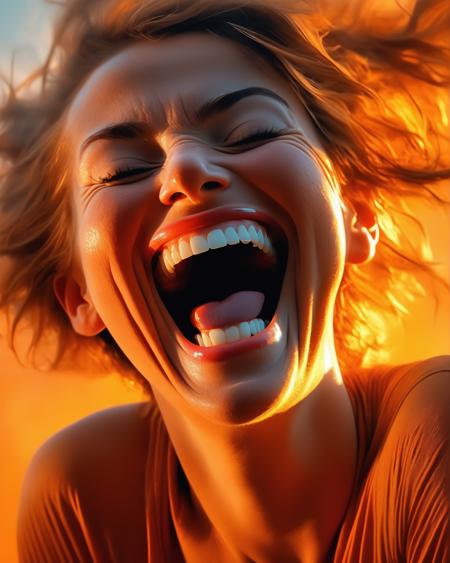 show me portrait of a woman laughing, playing, orange, mist, short brown hair, bio-luminescent, earthy, vivid, cinematic, Film light, Hyper detailed, Hyper realistic, masterpiece, atmospheric, High resolution, Vibrant, High contrast, dark angle, art by Koos Roos, 8k, HDR