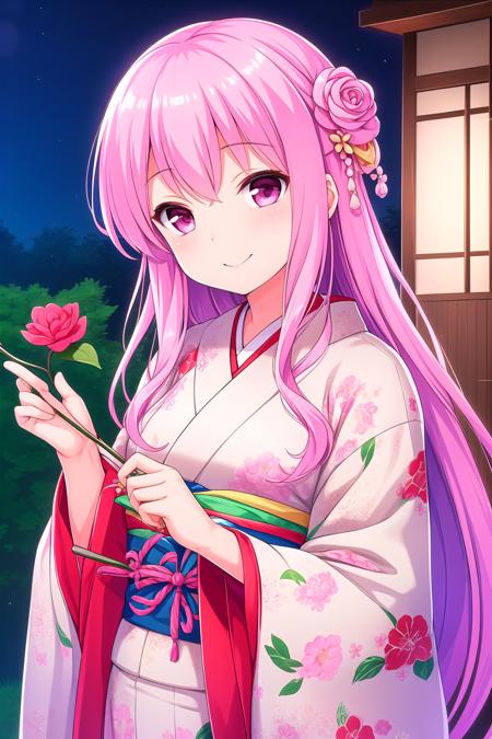 (masterpiece, best quality), highly detailed background, perfect lightingbest quality, kagamimatsuri, solo, outdoors, night, pink hair, hair bun, single braid, hair flower, hair ornament, very long hair, pink eyes, pink kimono, floral print, <lora:GoodHands-vanilla:1>, japanese clothes, smile, closed mouth, :), pink lips, <lora:Kagami-Matsuri:0.7>