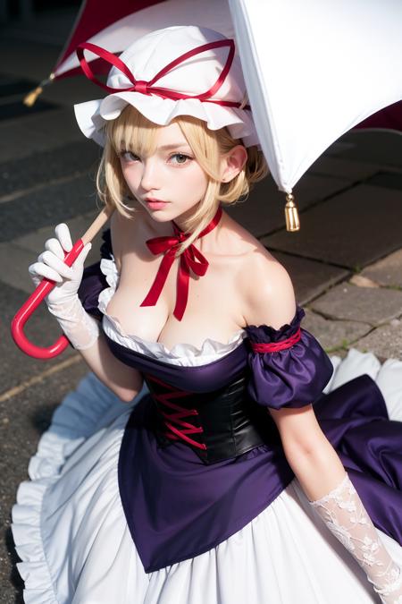 masterpiece, best quality, <lora:yukari:1>,(mature female:1.2),1girl, yakumo yukari, ribbon, breasts, hat, dress, gap (touhou), blonde hair, solo, mob cap, red ribbon, cleavage, purple eyes, purple dress, chain, hat ribbon, gloves, white headwear, white gloves, large breasts, hair between eyes, frills, hair ribbon, umbrella, smile, off shoulder, elbow gloves, corset, collarbone, looking at viewer, long hair, frilled dress, bangs, short sleeves, bare shoulders, off-shoulder dress, sidelocks, from above, tress ribbon, puffy sleeves, checkered floor, closed mouth, holding umbrella, standing, floating hair, bow, puffy short sleeves, red eyes, holding, signature, closed umbrella, frilled sleeves