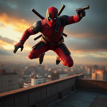 Deadpool jumping out of a rooftop, super focus on male, superrealistic, in his right hand he has a gun, in the right hand he has a katana