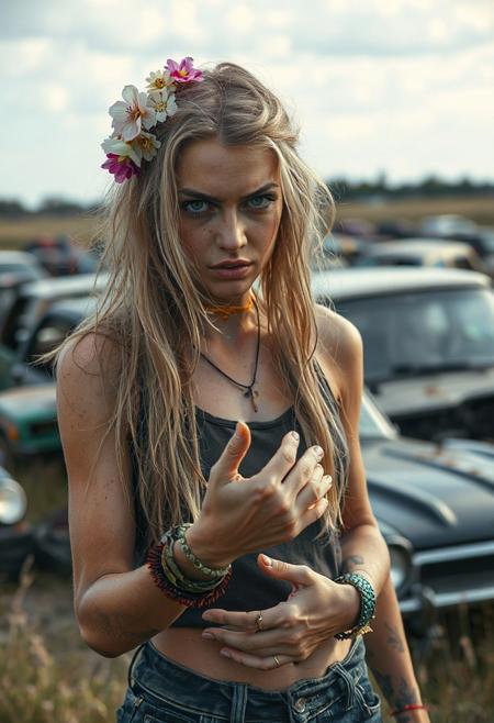 an 18 year old hippy ((slim white women)) with dirty long blonde hair () with flowers in her hair,(Hippy wrist bands) (shows his hand with a fukk) , in at a field in wood stock hands , lots of crashed cars in the background , detailed skin. () (angry),