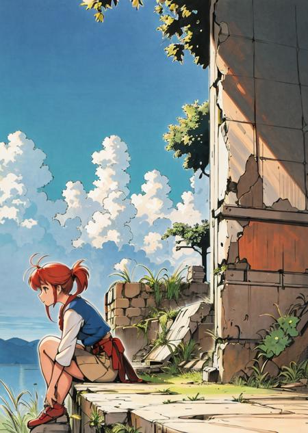 <lora:lora:0.8>, highres, detailed, ashinano-style, 1girl, red hair, wide shot, side view, grass, overgrown, ruins, sitting, blue sky, clouds