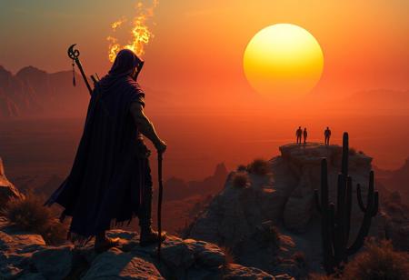 Cinematic fantasy, highly detailed 4K, trending on Artstation, CGSociety. A muscular figure in a purple hooded cloak, face obscured by a Supersonic Skull Flame, holding a staff, stands on a rocky outcropping overlooking a vast desert landscape with mountains and cacti. A large orange sun sets, casting a warm dramatic glow. Two silhouetted figures in the distance add scale. Matte Painting, Octane Render, Unreal Engine 5, impeccable composition, golden ratio, creative angle.