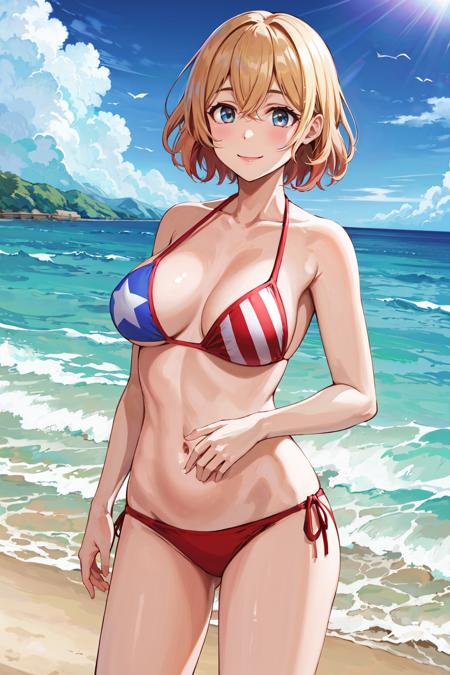 masterpiece, best quality, highres, nm1, swimsuit, american flag bikini, <lora:nanami_mami_v1:0.7>, cowboy shot, standing, smile, beach