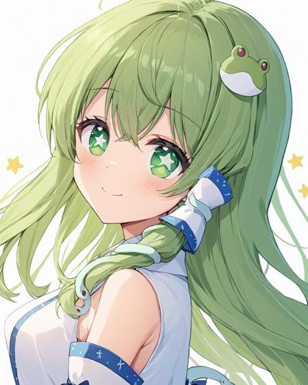 kochiya sanae,1girl, solo, smile, white_background, frog_hair_ornament, simple_background, looking_at_viewer, hair_tubes, snake_hair_ornament, closed_mouth, portrait, blush, detached_sleeves, bare_shoulders, white_shirt
<lora:kochiya_sanae_image8584_2023-12-17:1>,star-shaped_pupils,symbol-shaped_pupils,. gorgeous,key visual, vibrant, studio anime,award-winning, professional, highly detailed,high budget, cinemascope