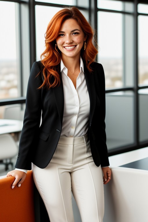 Business woman, wearing suit, black suit, suit pants, white shirt, orange hair, long hair, brown eyes, colorful office, smiling, beautiful face, freckles, black suit jacket, black tie