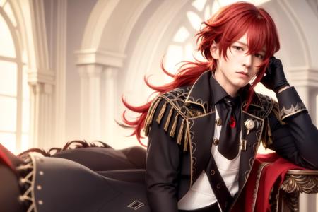 masterpiece, best quality,(german:1.2),diluc (genshin impact), long hair, 1boy, red hair, gloves, male focus, (eagle:1.2), ponytail, black gloves, bangs, long sleeves, solo, red eyes, coat