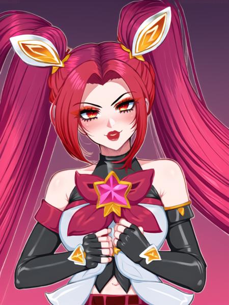 (beach), star guardian jinx, jinx \(league of legends\), star guardian \(league of legends\), league of legends, red neckwear, highres, 1girl, alternate costume, alternate hair color, alternate hairstyle, bare shoulders, belt, black gloves, black thighhighs, bow, elbow gloves, fingerless gloves, gloves, hair ornament, lipstick, long hair, magical girl, makeup, red bow, red eyes, red hair, red lips, short shorts, shorts, solo, thighhighs, twintails, very long hair, <lora:star_guardian_jinx-000027:1> <lora:afrobull_64_epoch-000009:1>