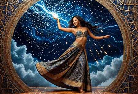 masterpiece, best quality, amazing quality, high resolution, closeup, Indonesian Batik Morph,  Envision geometry as the metaphysical language of space itself—an ancient force born from Earth's measurements, beauty, Tiny Thunder Djinn, a tempest in miniature, this storm-born spirit radiates kinetic mischief with every spark that arcs across her golden-bronze skin. Electric filaments dance like wild fireflies along her fingertips, flickering in time with her quicksilver moods. Though forged from lightning, she embodies the energy of a crackling ember—unpredictable, impish, and mesmerizing rather than fearsome. BadDream
Usually adorned in flowing traditional Egyptian silks stitched with copper-threaded glyphs, her half-cloak and breezy linen skirt billow with unseen currents. Her sandals spark with each step, tiny bolts grounding into the earth as if daring the ground to rise against her. Gold and lapis jewelry chimes subtly as she moves: hoops, bangles, amulets—each a charged talisman of pride and provenance. With an arched brow, a sideways grin, and a provocative, unapologetically proud stance, she commands the eye like lightning caught mid-strike—divine, volatile, impossible to ignore.  Indonesian Batik Morph