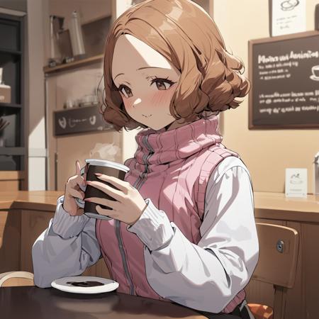 1girl, okumura haru, pink sweater, white sleeves, holding a cup of coffee, in cafe, masterpiece, latest, best quality, latest <lora:haru_xl_a3-000024:1>