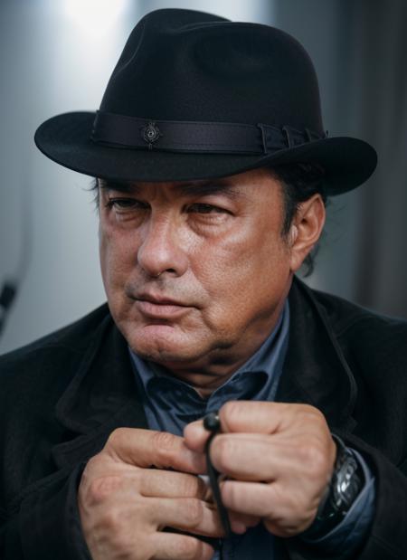 portrait of ss1,  man in Fedora Hat, Trench Coat, Detective Badge, Revolver, Notepad and Pencil epic (photo, studio lighting, hard light, sony a7, 50 mm, matte skin, pores, colors, hyperdetailed, hyperrealistic),  <lora:StevenSeagal:1>