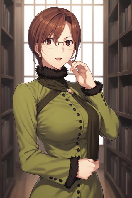 aozaki touko, brown hair, short hair, brown eyes, dress, long sleeves, green dress, scarf, front slit, fishnets, fishnet pantyhose, highheels glasses