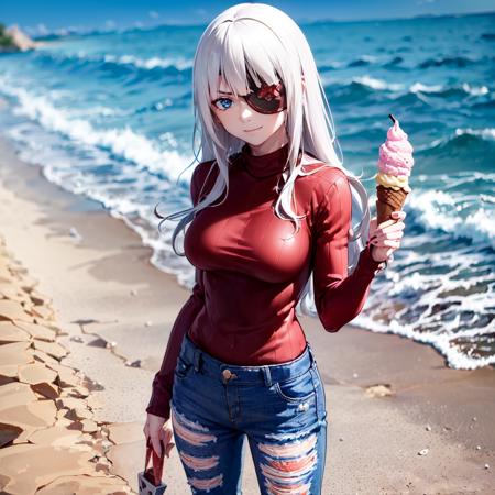 (1girl ((red and black sweater and short jeans:1.2))  ((standing at an icecream vendor, liking an icecream:1.2)), at the beach (full body) <lora:KanaLoRA:0.8> kana with long white hair and (black red eyepatch) outfit , tattoo, holding big blades, blue eyes, beautiful eyes, beautiful girl, high detail skin, high detail eyes, high detail hair, highres, ultra detailed, detailed pores, imperfect skin, detailed reflective shiny skin, diffused skin pores,sharpen picture, Highly detailed, masterpiece, best quality, smiling, ((liking))