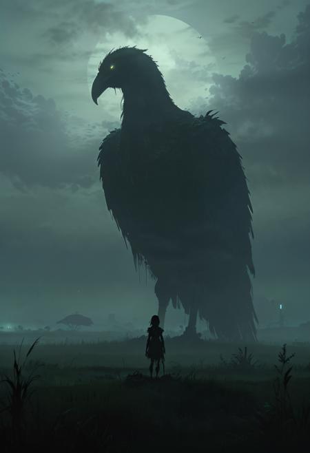 a large gigantic bird sitting on top of a lush field in front of a small female silhouette, concept art, conceptual art, extremely dark lighting and heavy fog, detailed silhouette, shadow of the colossus, night blade runner
<lora:add-detail-xl:0.5> <lora:xl_more_art-full_v1:0.5>