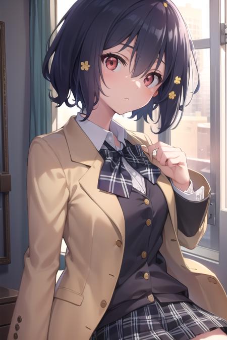 aimizuno, <lora:aimizuno-lora-nochekaiser:1>,
ai mizuno, black hair, hair between eyes, (red eyes:1.5), short hair,
BREAK black jacket, black legwear, black neckwear, black skirt, blazer, brown footwear, collared shirt, flower, hair flower, hair ornament, jacket, loafers, long sleeves, miniskirt, open clothes, open jacket, plaid, plaid neckwear, plaid skirt, pleated skirt, school uniform, shirt, shoes, skirt, sweater, white shirt, wing collar, yellow flower, yellow sweater
BREAK looking at viewer, full body,
BREAK indoors, classroom,
BREAK <lyco:GoodHands-beta2:1>, (masterpiece:1.2), best quality, high resolution, unity 8k wallpaper, (illustration:0.8), (beautiful detailed eyes:1.6), extremely detailed face, perfect lighting, extremely detailed CG, (perfect hands, perfect anatomy),