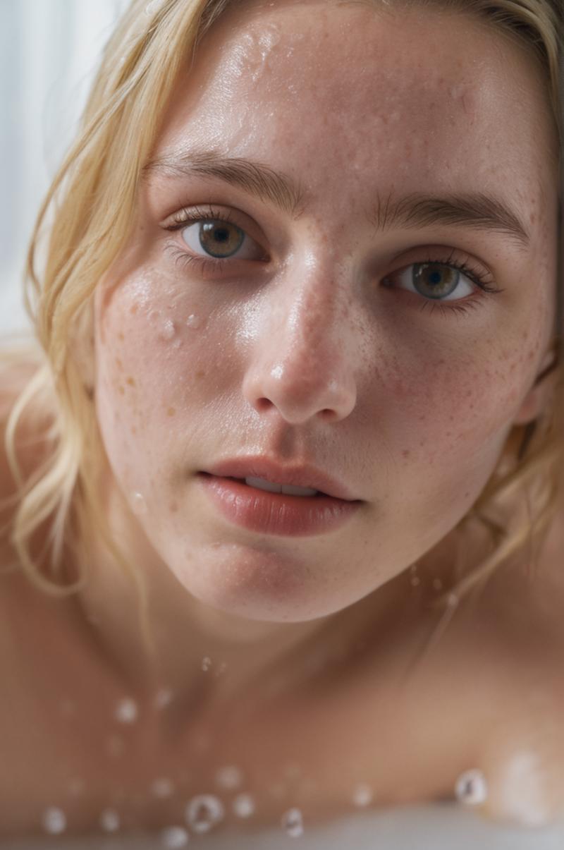 A close-up of a woman's face with freckles and wet skin.