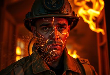 Fantasy Movie, Full body shot of Firefigher with long Cracks on face with dust particles pushing to the sides, inside burning house. Cinematic shot, motion blur, realistic, wind, action