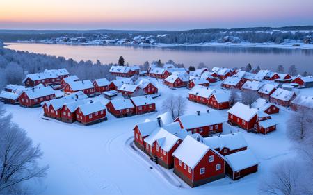 panorama,A tranquil winter morning in Porvoo's Old Town, featuring snow-covered red wooden houses lined along the cobblestone streets, soft sunlight illuminating the frosty landscape, and icicles hanging from rooftops, creating a serene and picturesque winter scene,, sweeping landscapes, unique perspectives, epic scale, revealing hidden beauty, showcasing vastness, immersive experience, precise compositions, expert piloting, dynamic angles, cinematic storytelling, showcasing natural wonders, aerial exploration
