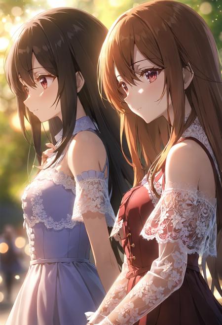 2girls,anime,upper body,dynamic angle,face,thigh,dress lace,long hair,outdoors,bokeh