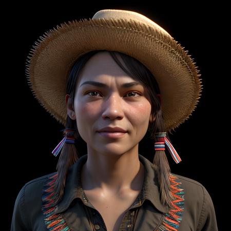 complex 3d render ultra detailed of a Apache face, Ribbon Shirt, Bonnet,, beautiful studio soft light, rim light, vibrant details, ,hyper realistic, anatomical, facial muscles, 23 years old, black background, octane render, Wild West ,<lora:more_details:0.4>